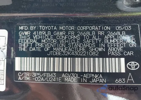 2003 Toyota Camry Le from USA, damaged, VIN JTDBE32K430221082
